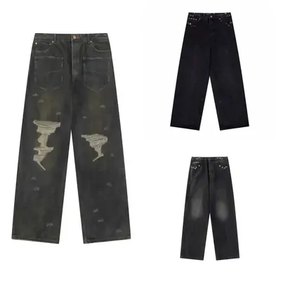 Three pairs of wide-leg denim jeans on a white background, one heavily distressed and faded, the other two in plain black.