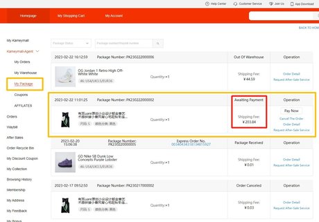 KameyMall parcels screen listing packages with states out of warehouse, awaiting payment, package received and order cancelled, each with a shipping fee and an operations column