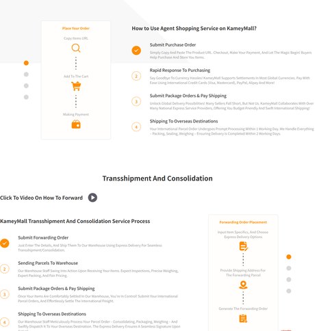 KameyMall agent service page showing a four step shopping agent process and a separate four step transshipment and consolidation process